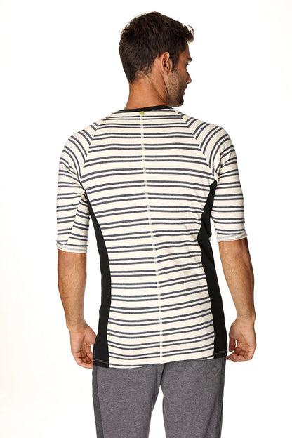 A men’s three quarter sleeve vintage stripe henley tee in navy french terry loop with black side panels