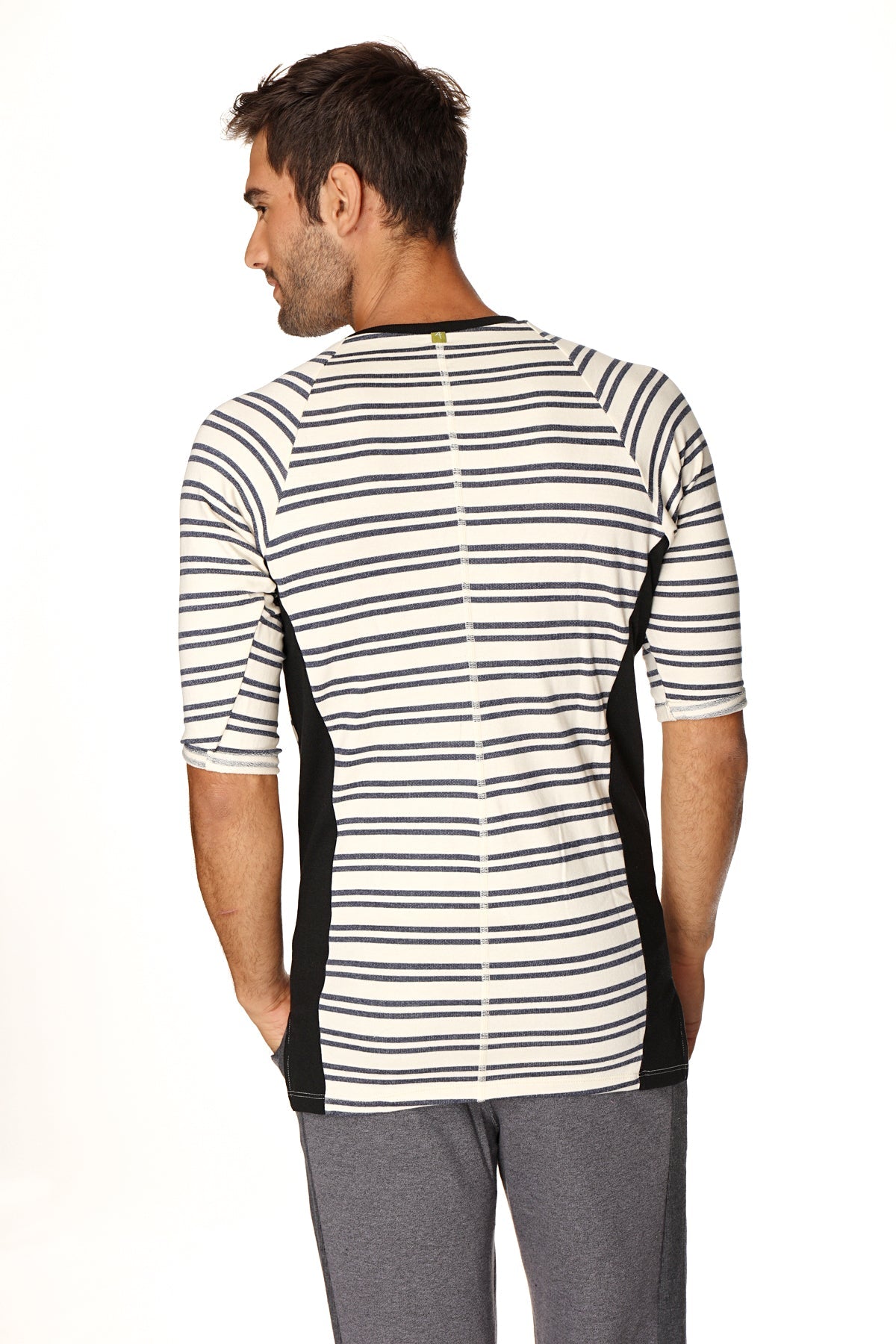 A 4-rth mens vintage-stripe henley tee in french terry loop with white base black stripes and black side panels