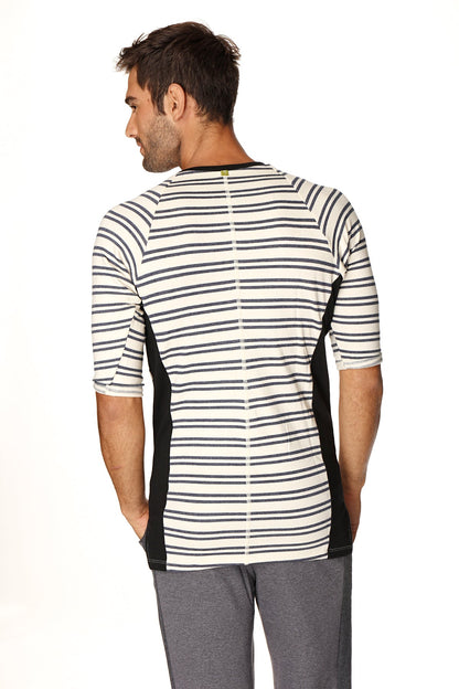 A 4-rth mens vintage-stripe henley tee in french terry loop with white base black stripes and black side panels