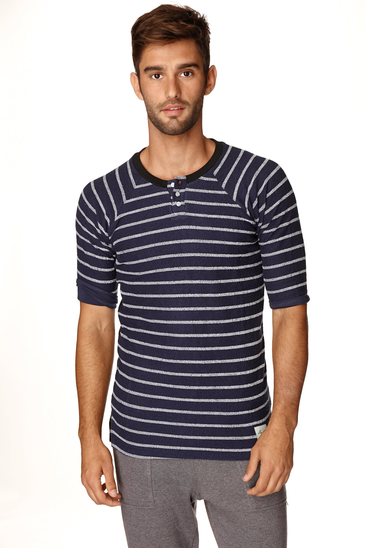 Navy blue and white striped short-sleeved henley tee with buttoned placket in french terry loop fabric by 4-rth