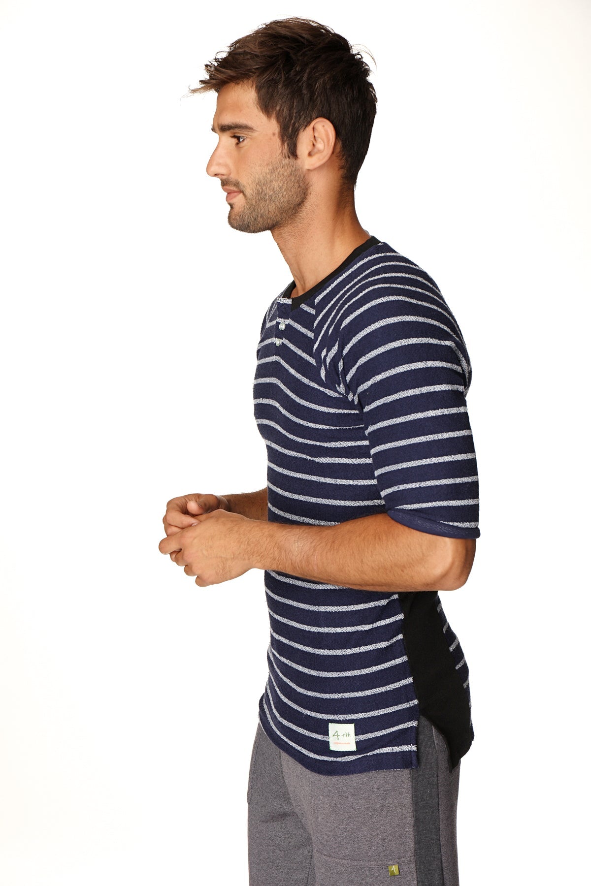 Navy blue and white striped short-sleeved henley shirt with black side panel in french terry loop fabric by 4-rth