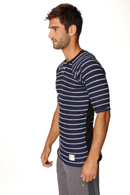 Navy blue and white striped short-sleeved henley tee with black side panels in french terry loop by 4-rth