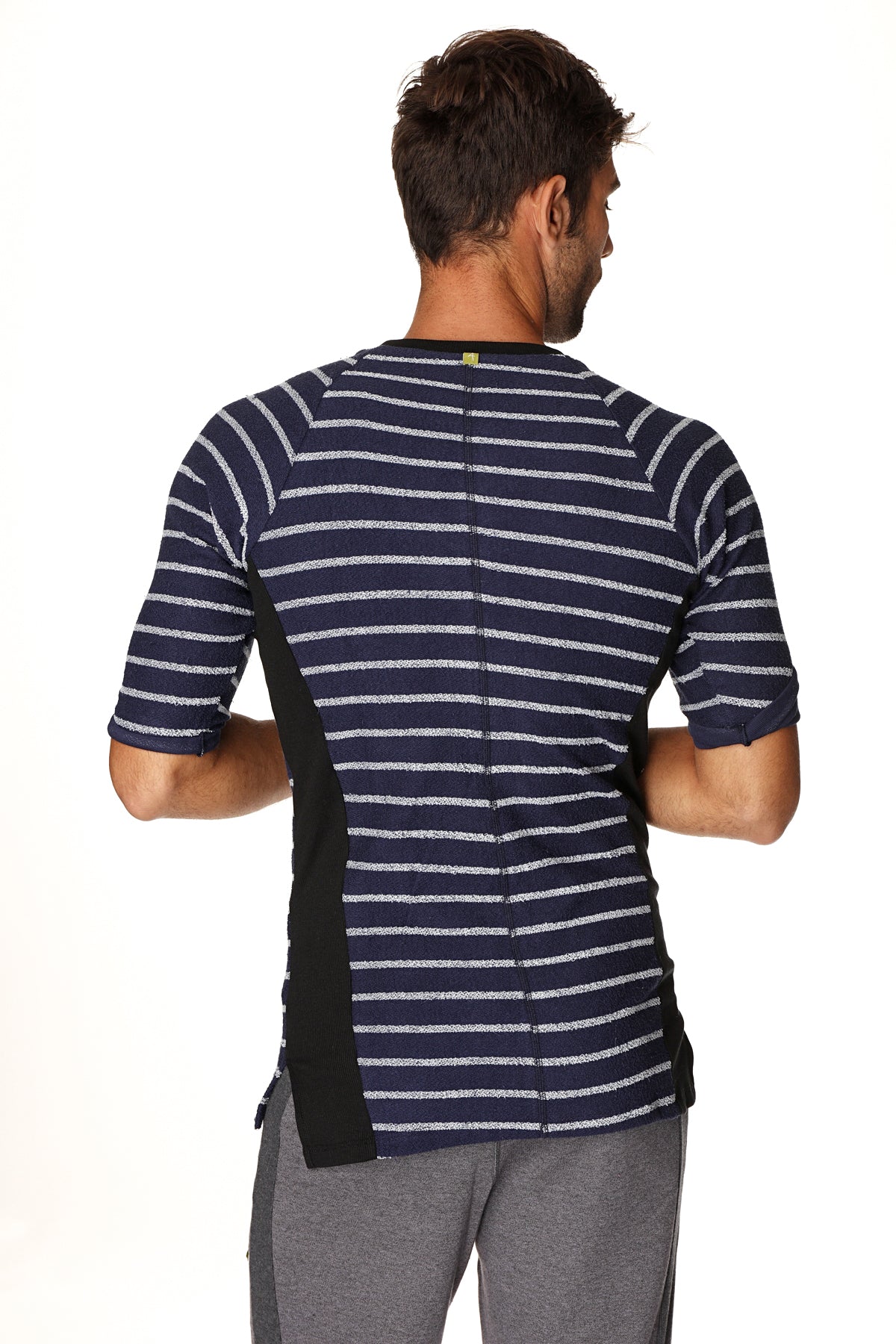 4-rth mens vintage-stripe henley tee in navy with white stripes black side panels made of french terry loop fabric