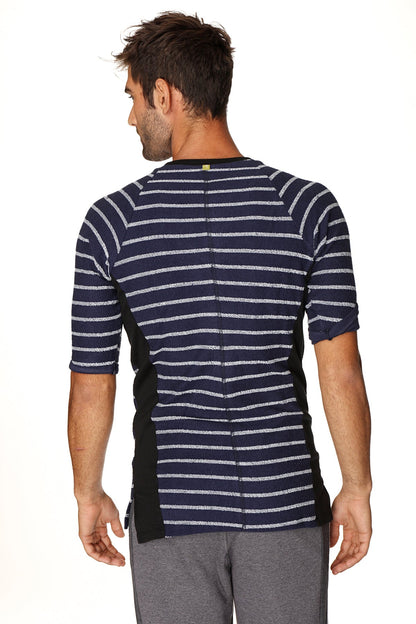 4-rth mens vintage-stripe henley tee in navy white stripes with black panels made of french terry loop fabric