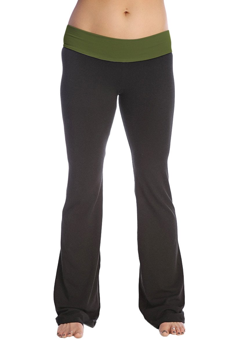4-rth women’s classic yoga pant in black with olive green elastic waistband made for comfort and flexibility