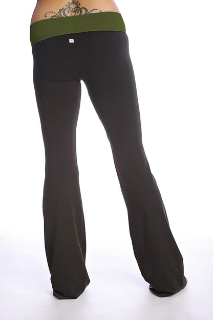 4-rth women’s classic yoga pant in black with an olive green elastic waistband and flared legs