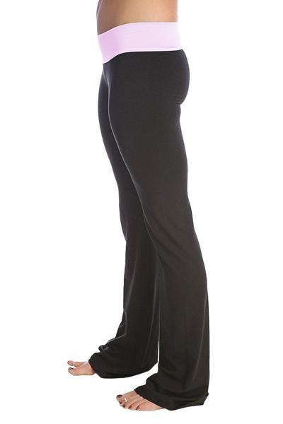 Black 4-rth women’s classic yoga pants with a soft pink elastic waistband designed for comfort and flexibility