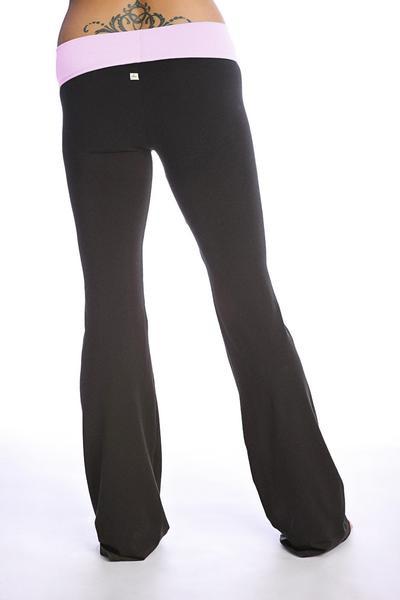 Black flared 4-rth women’s classic yoga pants with pink elastic waistband designed for comfortable activewear