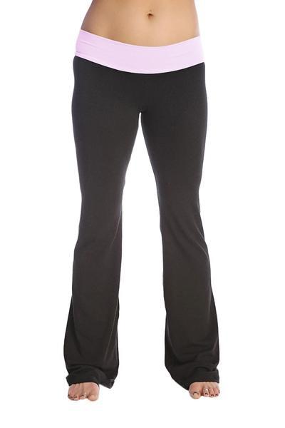 4-rth women’s classic black flared yoga pant with light pink elastic waistband designed for comfortable workouts