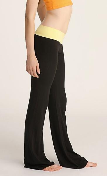 4-rth women’s classic yoga pant in black wide-leg design with contrasting yellow elastic waistband for comfort