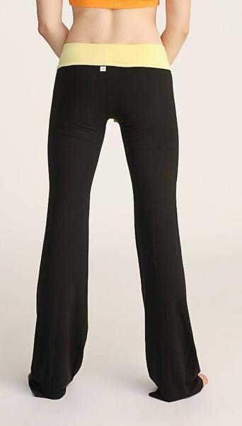 4-rth women’s classic black flared yoga pants with a pale yellow waistband for comfortable activewear