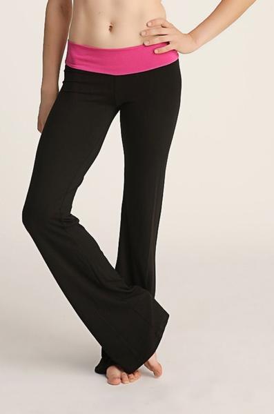 4-rth women’s classic black flared yoga pants with vibrant pink elastic waistband for comfortable workouts
