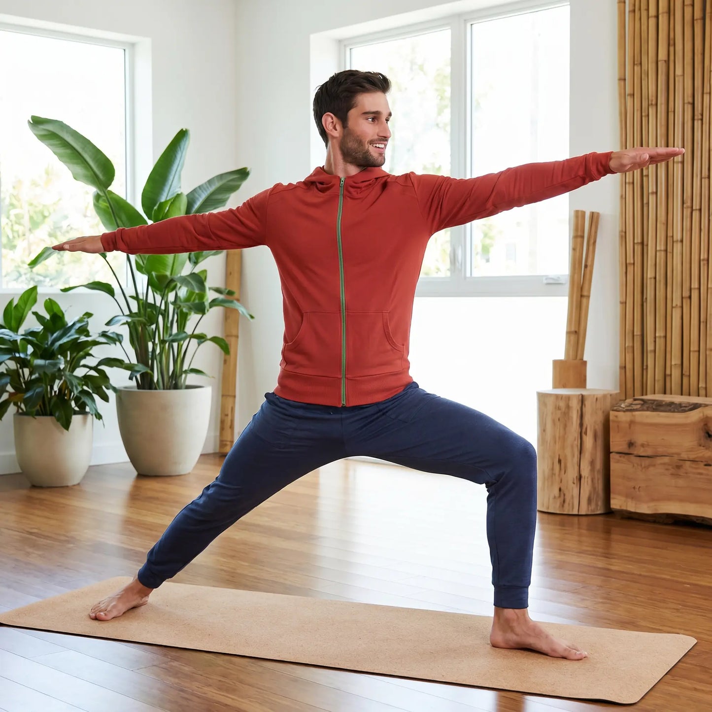 Athletic man in 4-rth zip-up performance hoodie in a yoga warrior pose — bold color activewear, bright studio