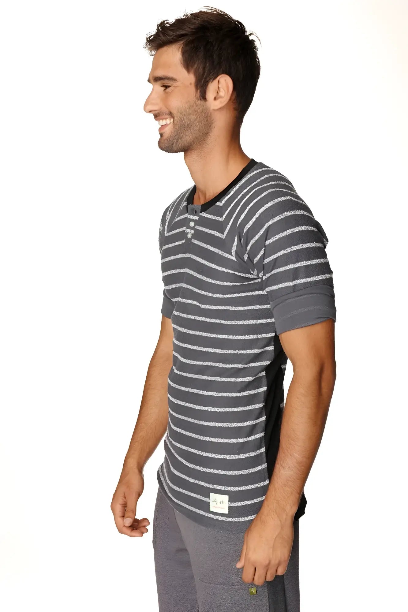 Gray and white striped short-sleeved henley tee with black collar in french terry loop charcoal w stripe by 4-rth