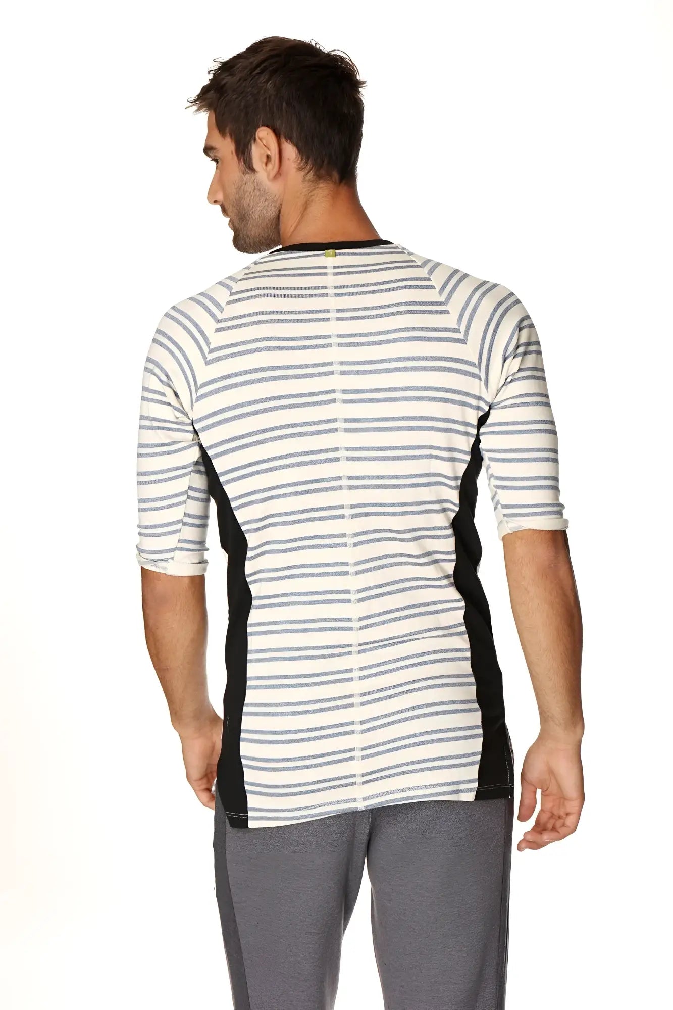 A men’s vintage-stripe henley tee with gray stripes black side panels in french terry loop fabric