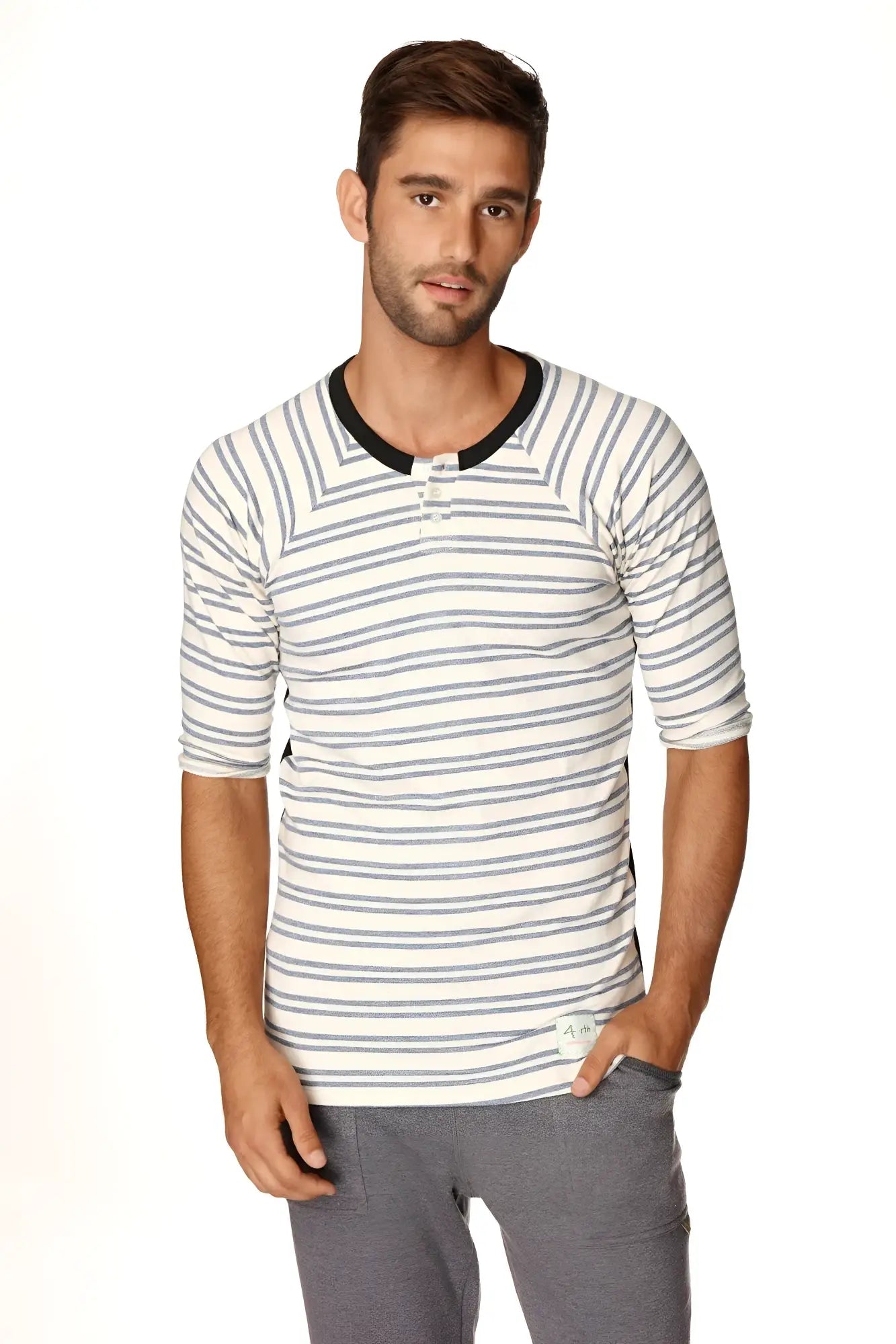 4-rth mens vintage-stripe henley tee in white and gray french terry loop with black ribbed collar and three-quarter sleeves