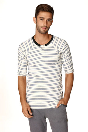 4-rth mens vintage-stripe henley tee in white and gray french terry loop with black ribbed collar and three-quarter sleeves