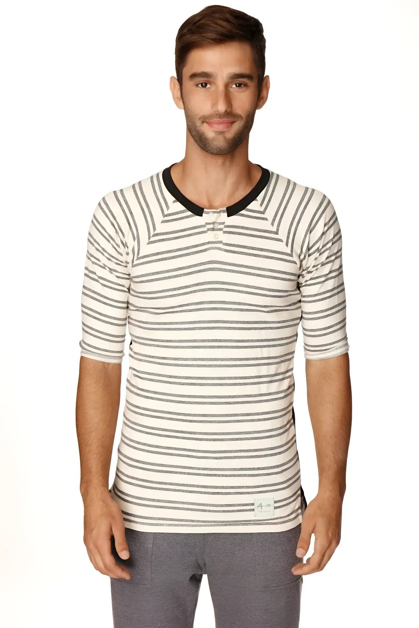 A mens short-sleeved henley shirt in dark grey double stripe french terry loop with black ribbed collar and brand tag