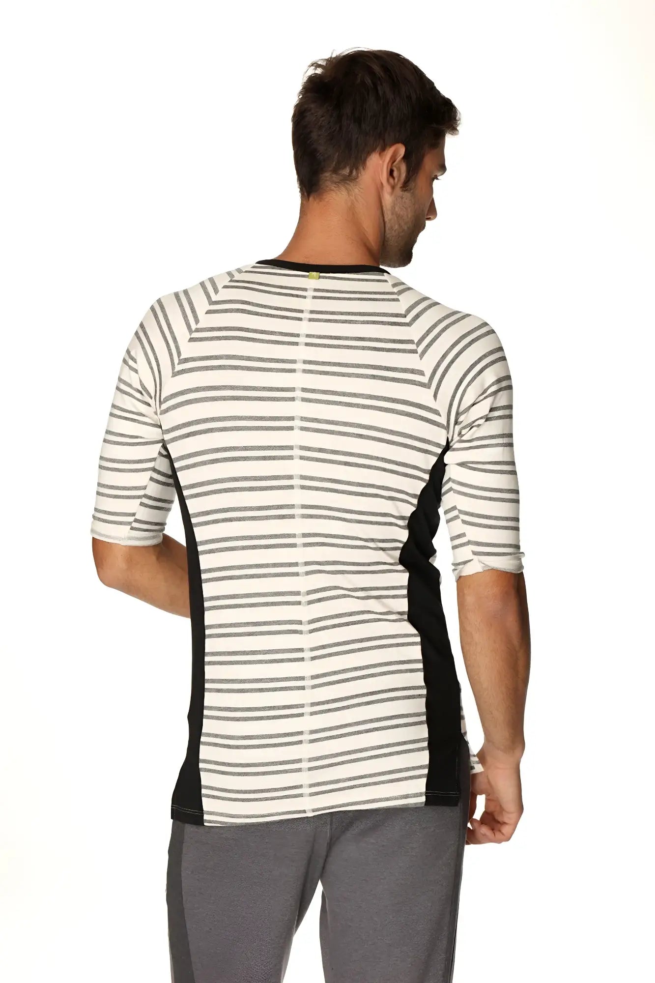 A 4-rth mens vintage-stripe henley tee in dark grey double stripe french terry loop with black side panels and green button