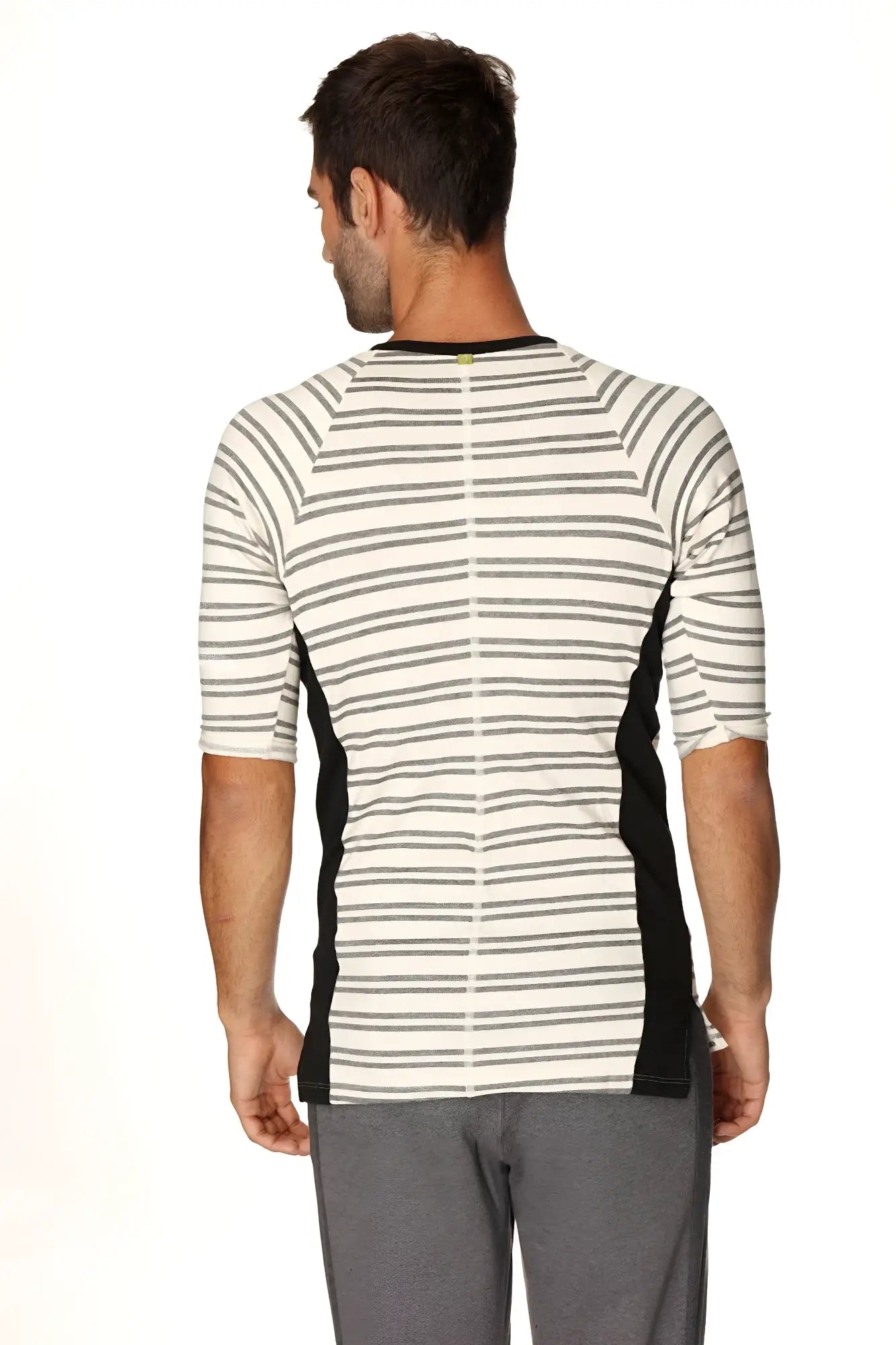 A 4-rth mens vintage-stripe henley tee in dark grey double stripe french terry loop with black side panels