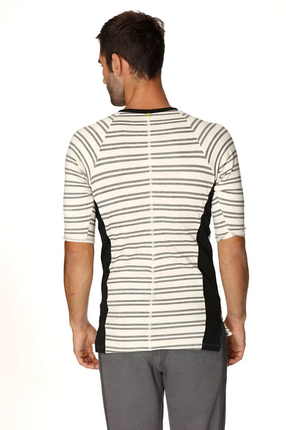 A 4-rth mens vintage-stripe henley tee in dark grey double stripe french terry loop with black side panels