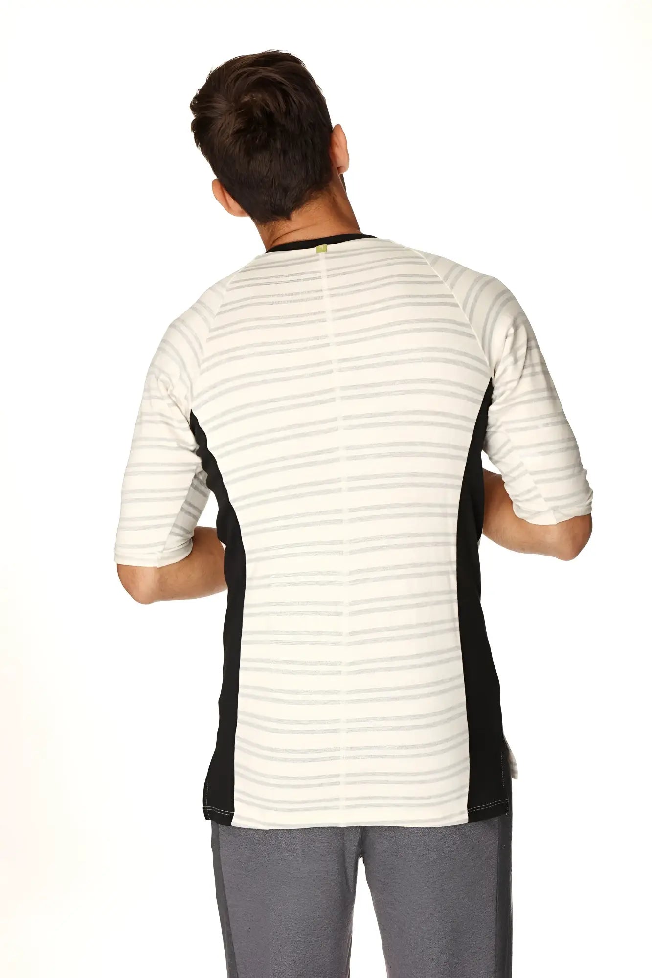 4-rth mens vintage-stripe henley tee in french terry loop with white base gray stripes and black side panels