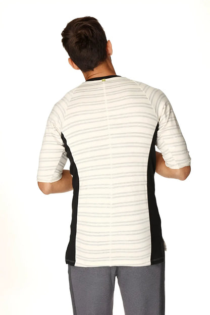 4-rth mens vintage-stripe henley tee in french terry loop with white base gray stripes and black side panels