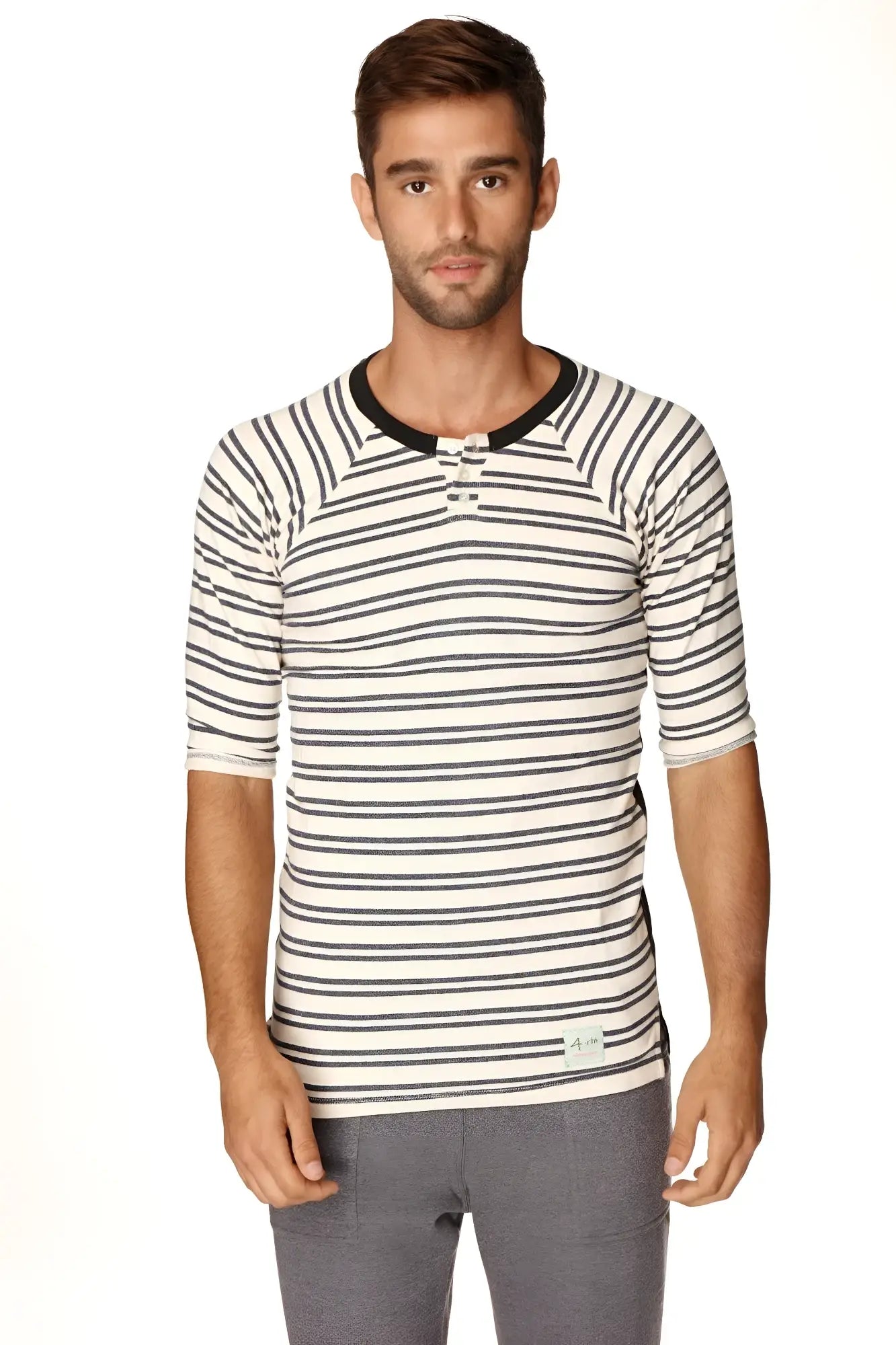 A men’s short-sleeved white and black striped henley shirt with ribbed collar in french terry loop fabric