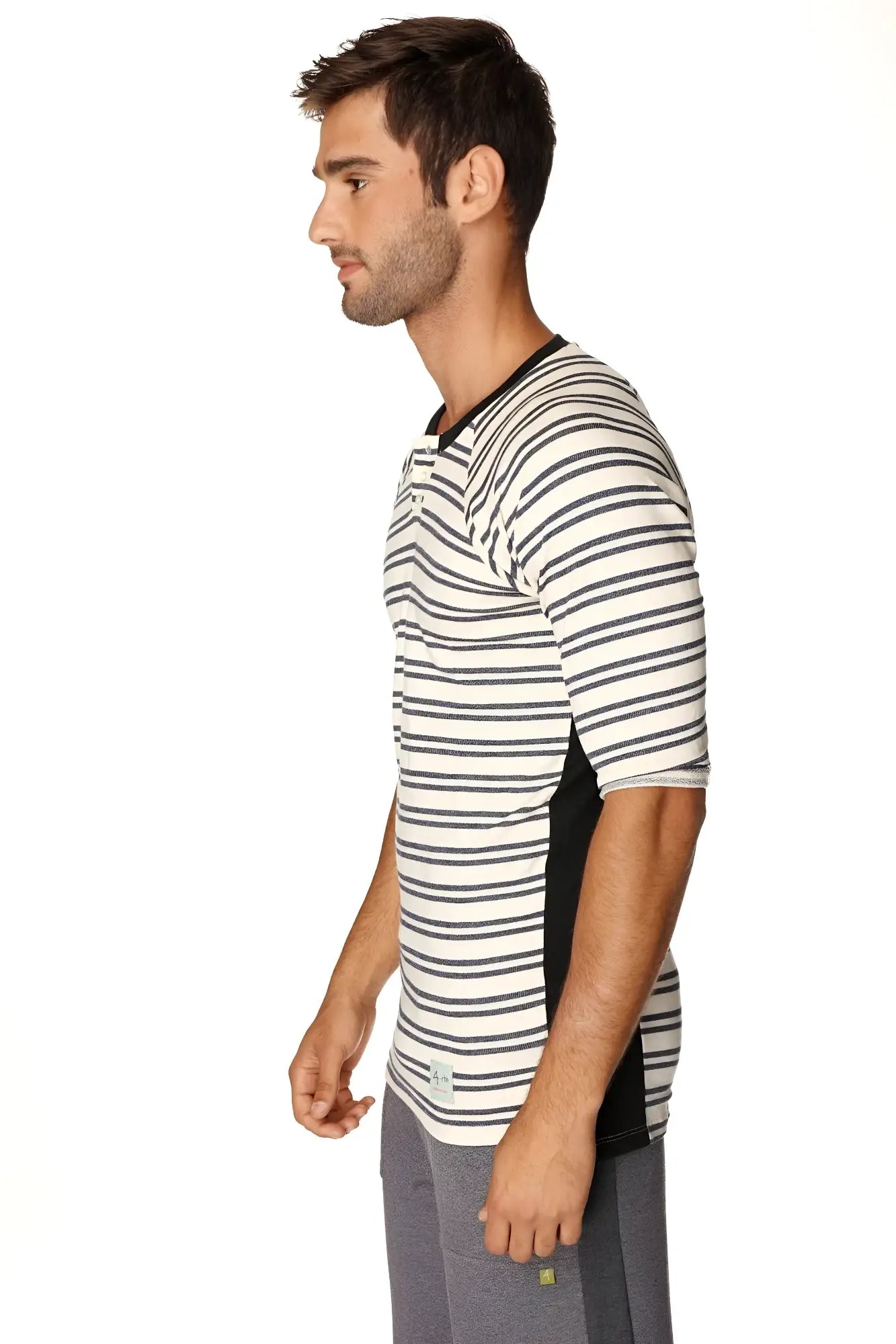4-rth mens vintage-stripe henley tee navy double stripe short-sleeved french terry loop shirt with black side panels