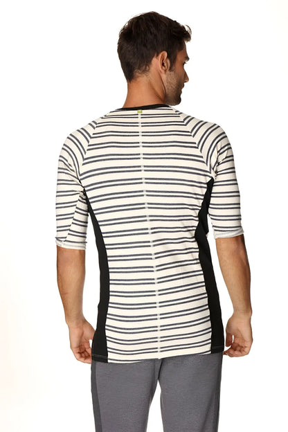 A men’s three quarter sleeve vintage stripe henley tee in navy french terry loop with black side panels
