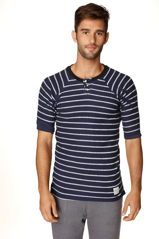 Navy blue and white striped short-sleeved henley tee with black ribbed collar and cuffs in french terry loop fabric