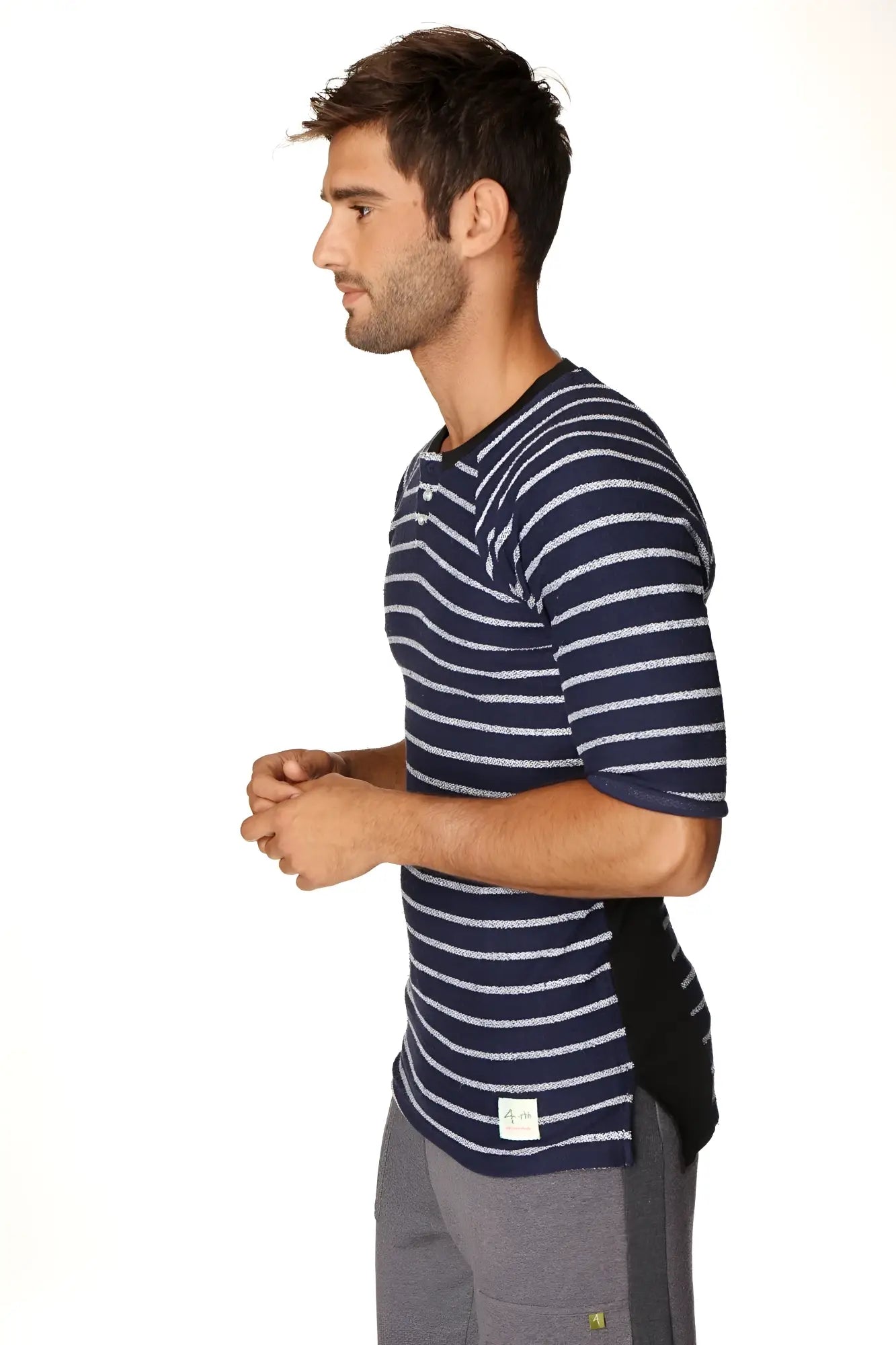 Navy blue and white striped short-sleeved henley shirt with black side panel in french terry loop fabric by 4-rth
