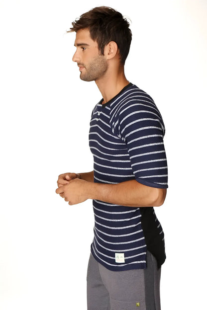 Navy blue and white striped short-sleeved henley shirt with black side panel in french terry loop fabric by 4-rth
