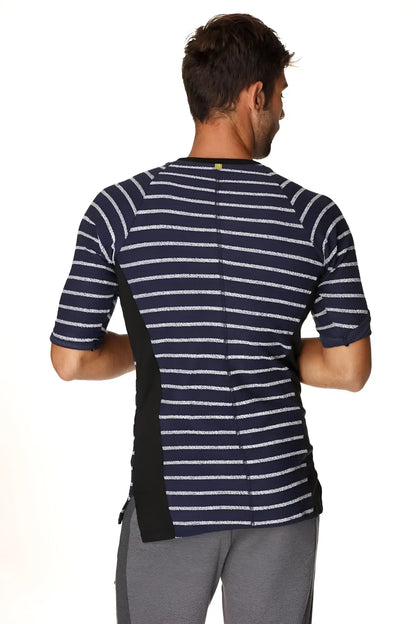 4-rth mens vintage-stripe henley tee in navy with white stripes black side panels made of french terry loop fabric