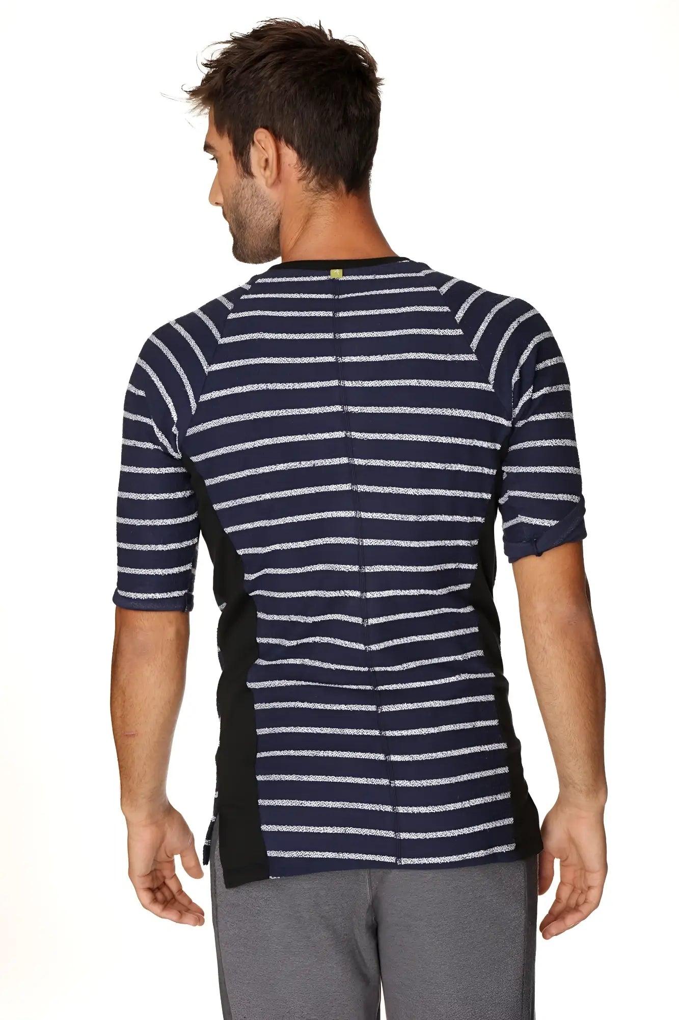 4-rth mens vintage-stripe henley tee in navy white stripes with black panels made of french terry loop fabric