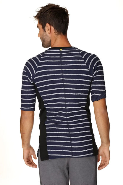 4-rth mens vintage-stripe henley tee in navy white stripes with black panels made of french terry loop fabric