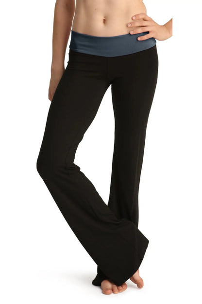 Black flared 4-rth women’s classic yoga pants with blue elastic waistband designed for comfort and stretch