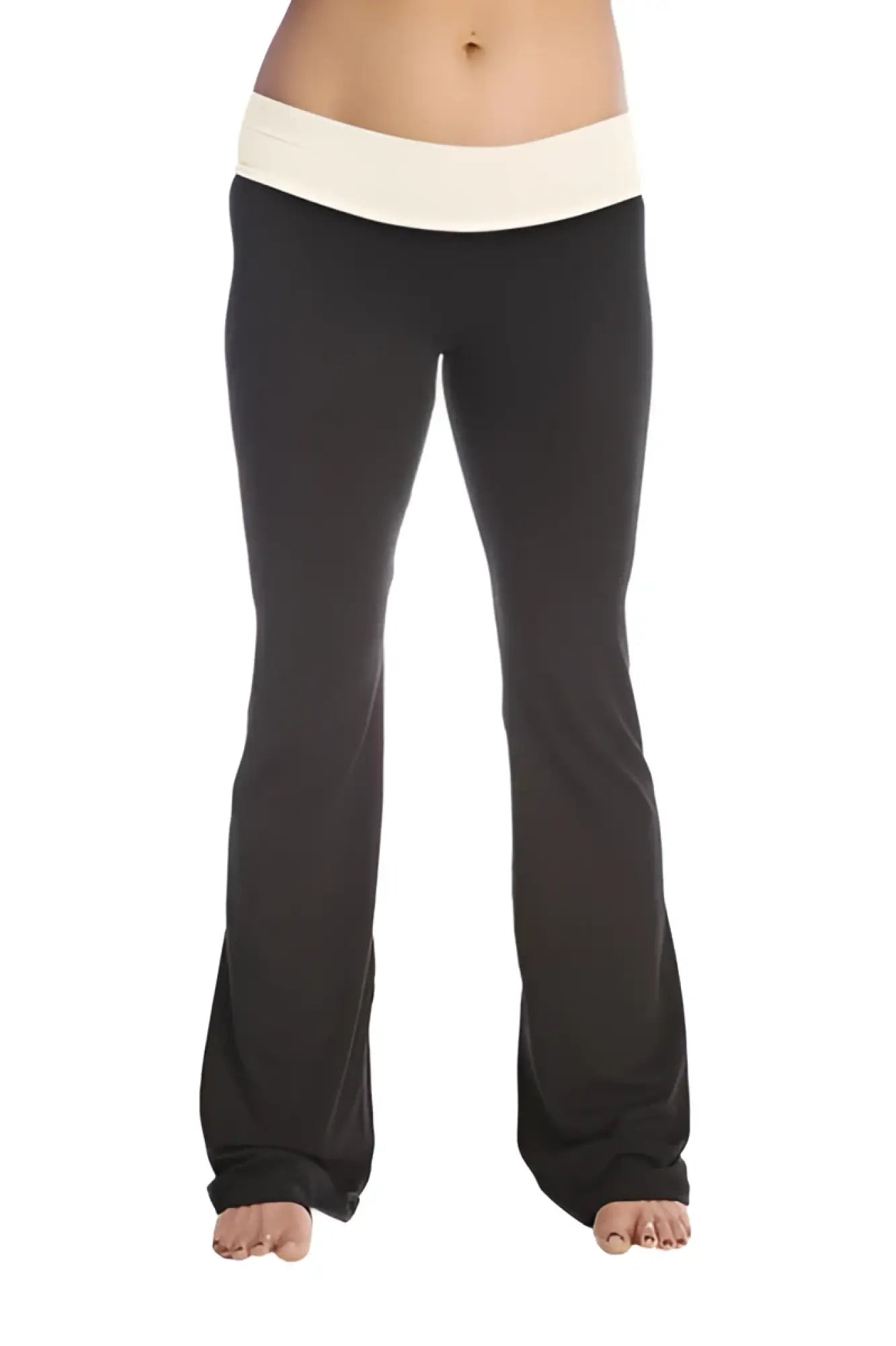 Black flared 4-rth women’s classic yoga pant with cream elastic waistband for comfortable activewear use