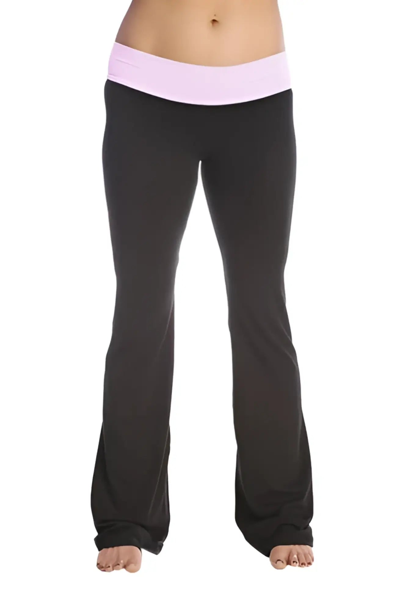 4-rth women’s classic black flared yoga pant with light pink elastic waistband designed for comfortable workouts
