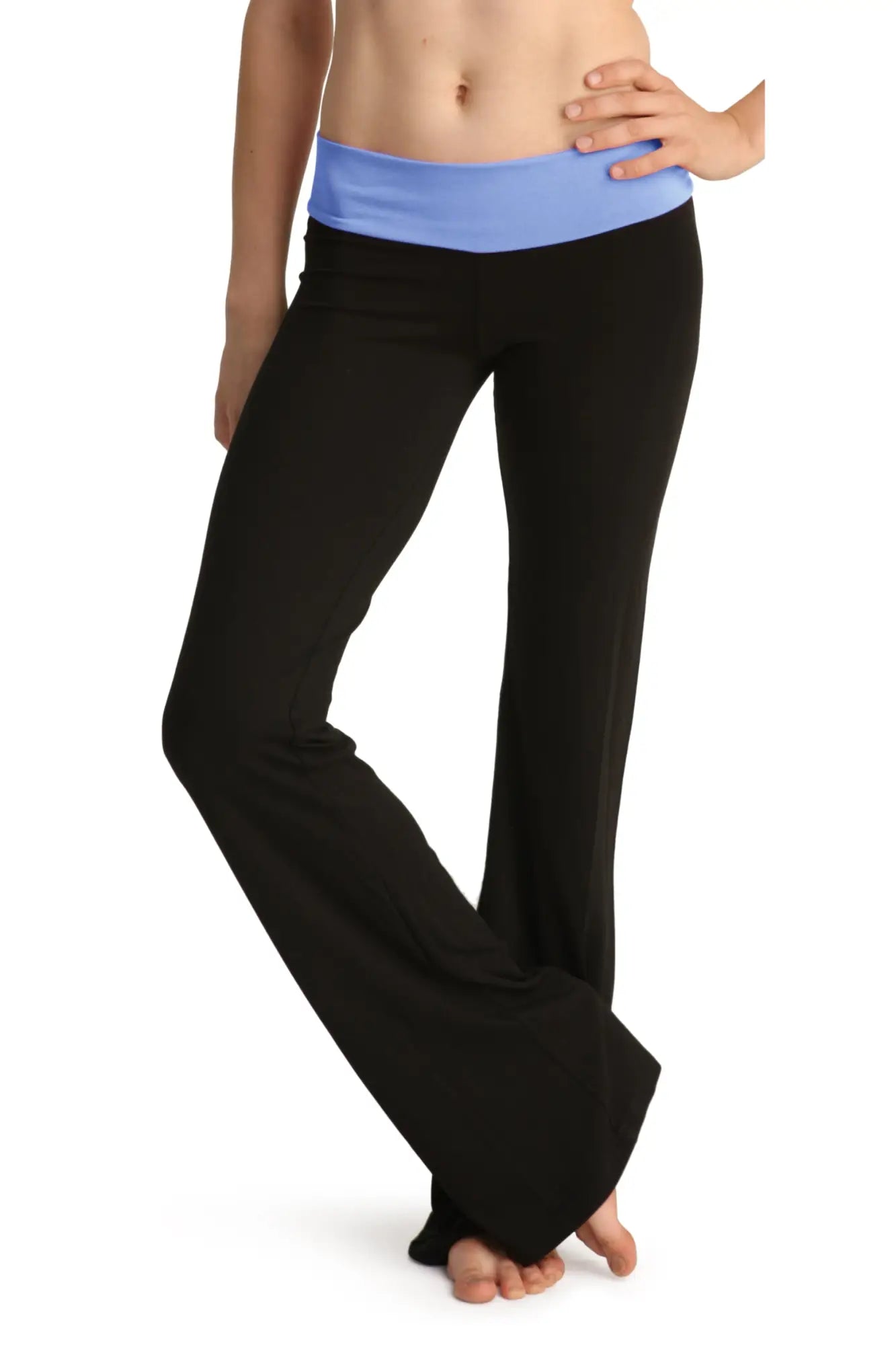 4-rth women’s classic yoga pant in black with light blue elastic waistband designed for comfort and flexibility
