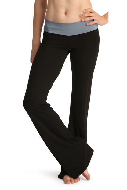 Black 4-rth women’s classic yoga pants with a light blue elastic waistband for comfortable activewear