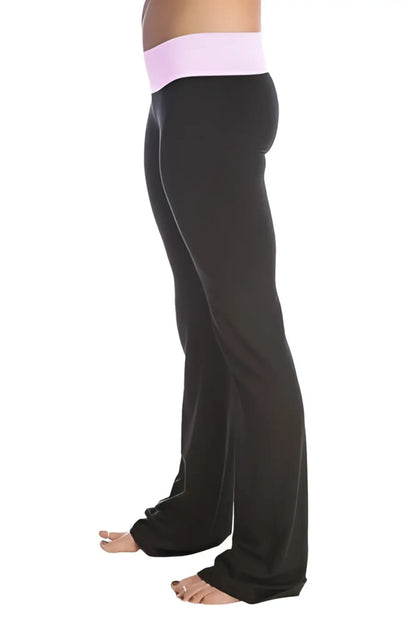 Black 4-rth women’s classic yoga pants with a soft pink elastic waistband designed for comfort and flexibility