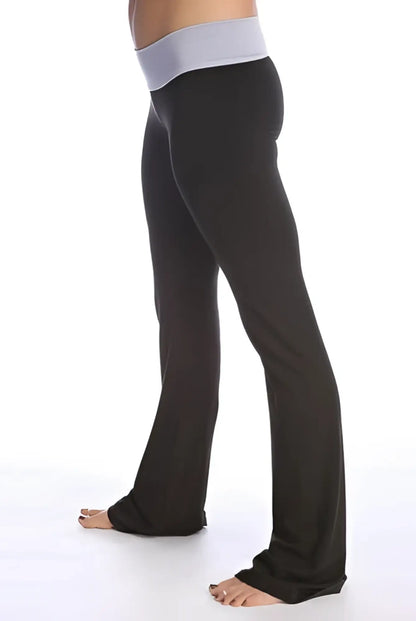 4-rth women’s classic yoga pant in black stretchy fabric with a light gray elastic waistband for activewear