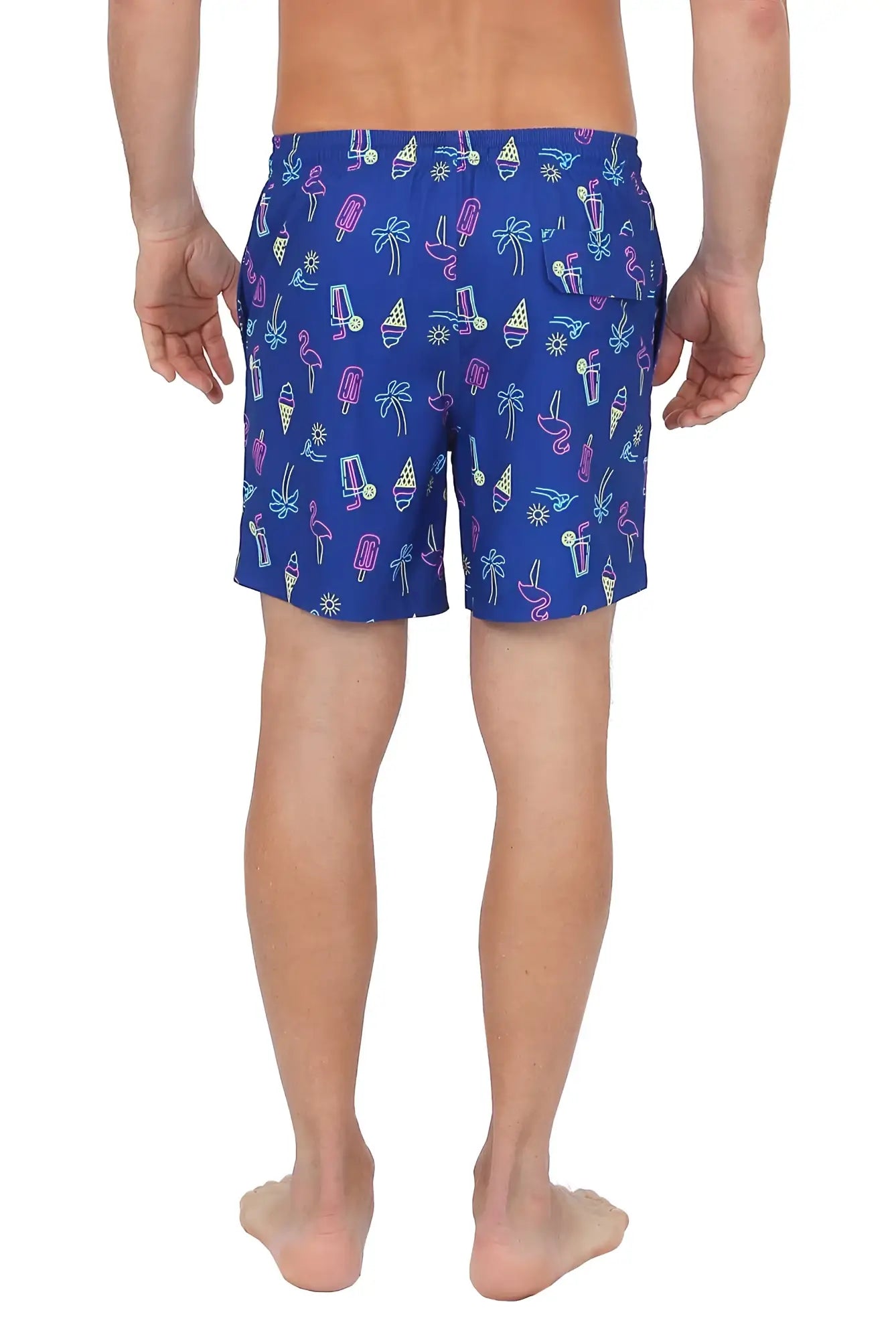 Blue 4 way stretch swim shorts with neon pink purple and yellow tropical icons like flamingos and palm trees