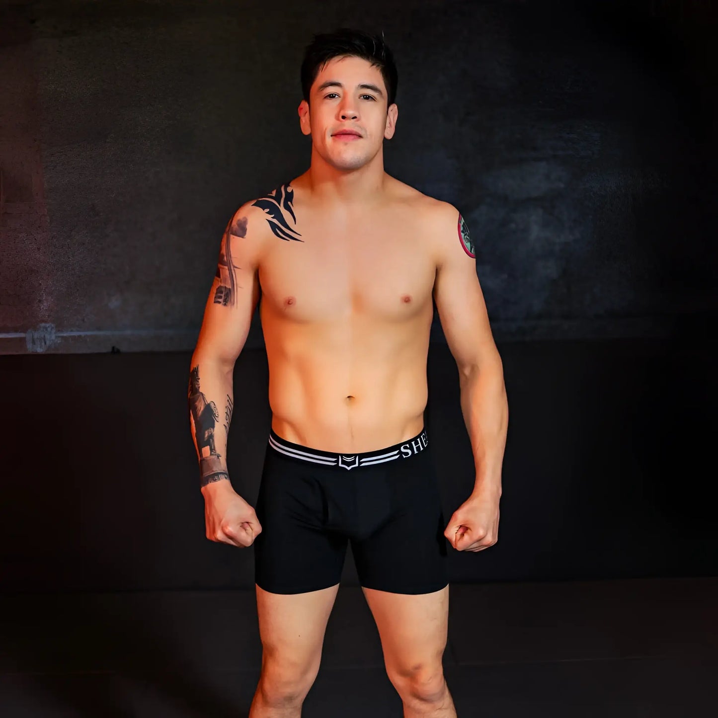 Black dual pouch boxer briefs with white striped waistband and she logo from sheath 4.0 best-seller bundle