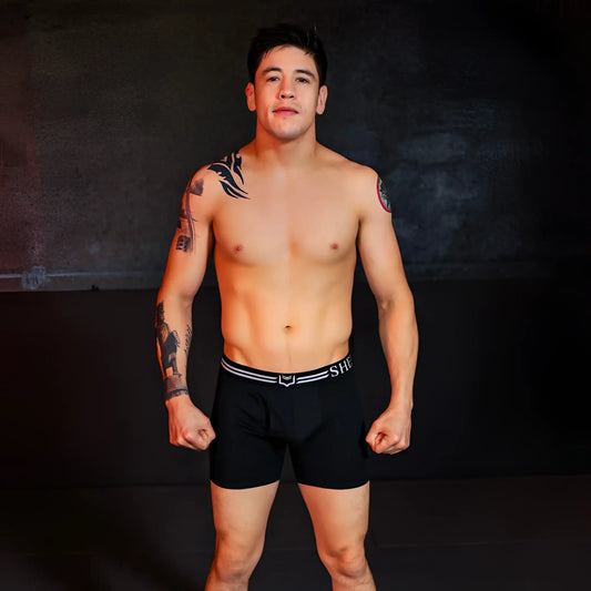 Black dual pouch boxer briefs with white striped waistband and she logo from sheath 4.0 best-seller bundle