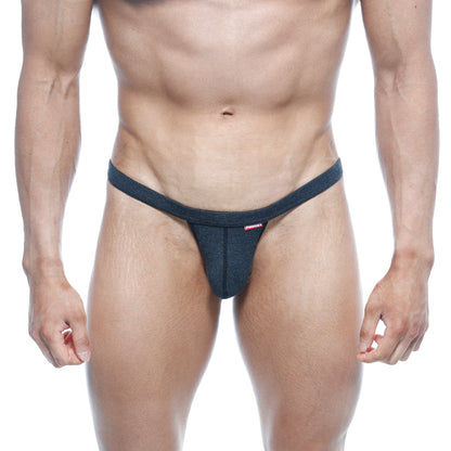 Dark blue denim thong with modern pouch and red brand tag on waistband by MetroMaleWear Heather 4002-10