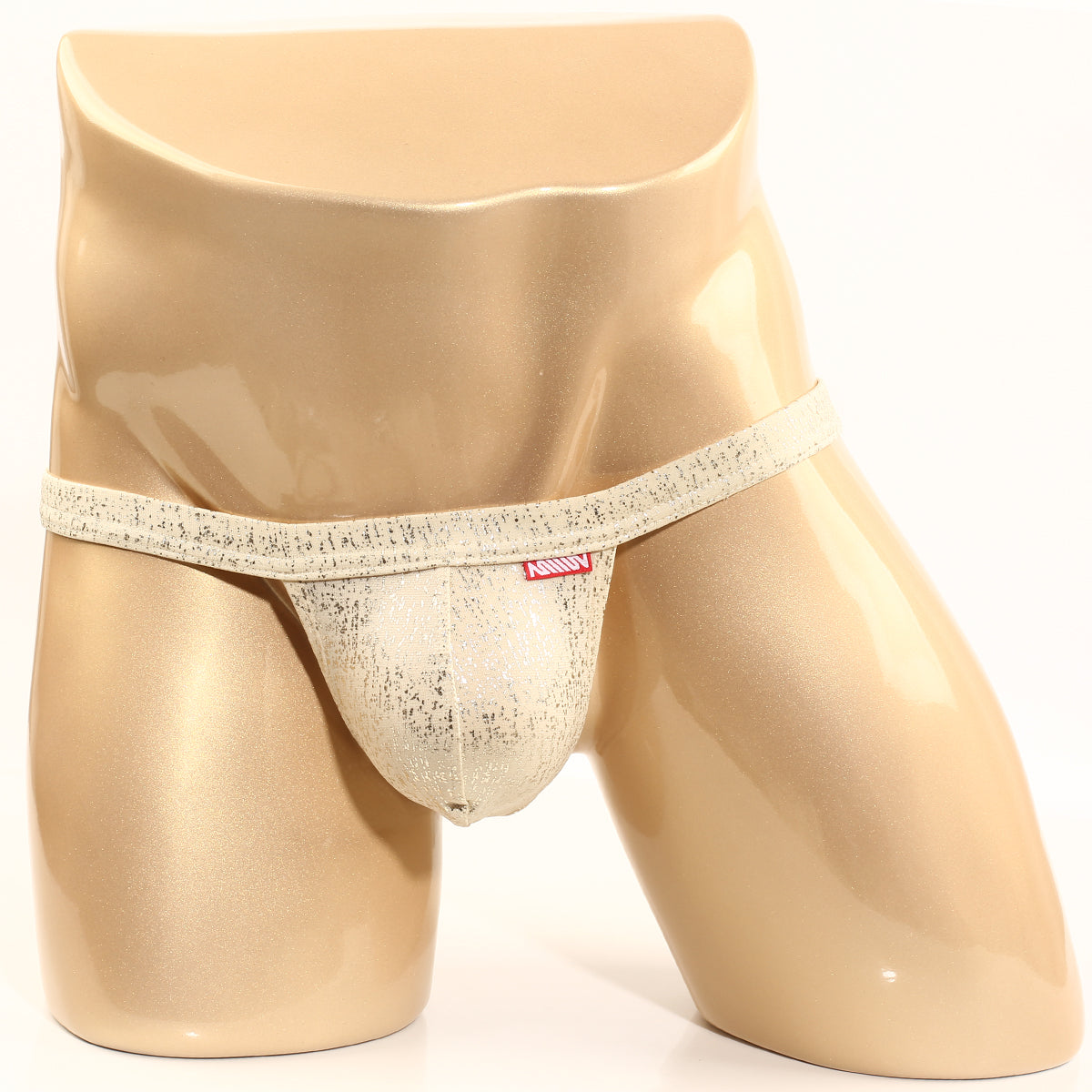 Cream-colored lace thong with subtle textured pattern and red brand tag metroMalewear Gloria Thong 4002-52 front view