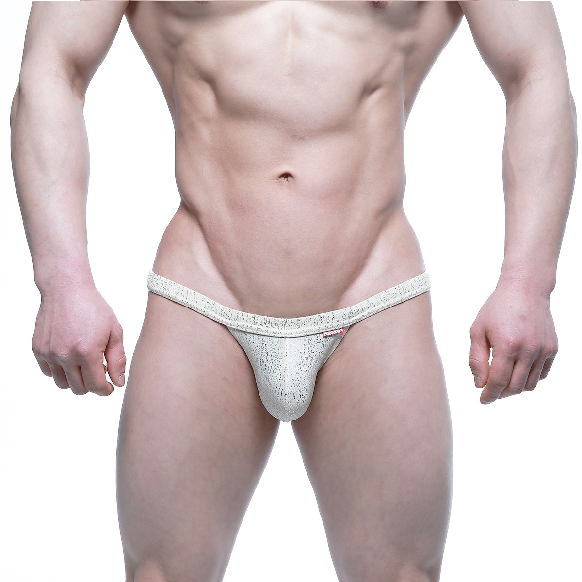 Silver textured lace thong with subtle pattern and small red brand tag by MetroMaleWear Gloria Thong 4002-52