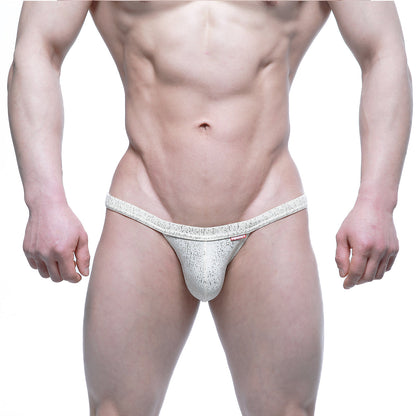 Silver textured lace thong with subtle pattern and small red brand tag by MetroMaleWear Gloria Thong 4002-52